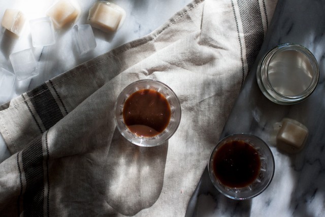 making caffe leccese with homemade almond milk ice cubes